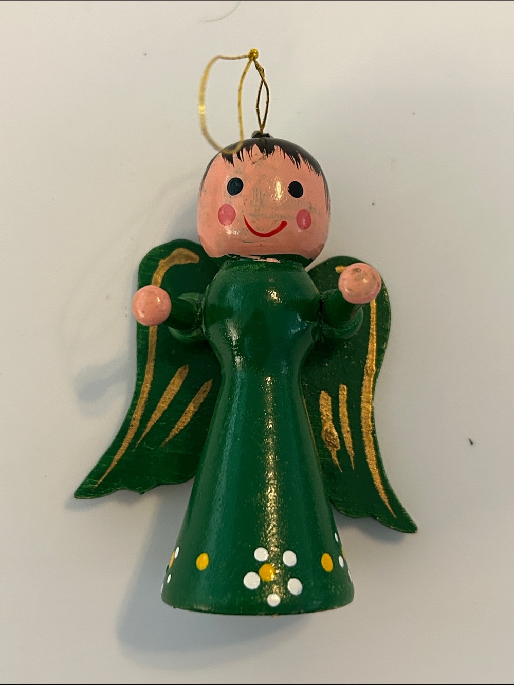 Vintage wooden Angel Christmas tree Ornament green dress pink face and wings